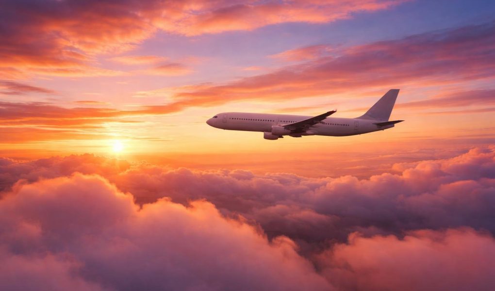 avion-vol-ciel-nuages-couleurs-coucher-soleil